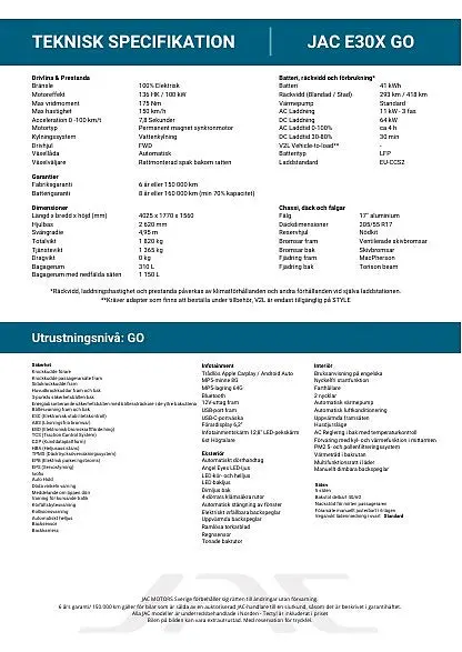 JAC E30X STYLE 136HK / 100 kW Automat 51.5 kWh 100% EL Räckvidd 37.4MIL