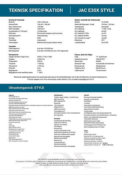 JAC E30X STYLE 136HK / 100 kW Automat 51.5 kWh 100% EL Räckvidd 37.4MIL